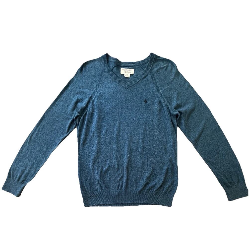 Penguin by Munsingwear Sweater Mens Pullover Blue V Neck 100% Pima Cotton, Large